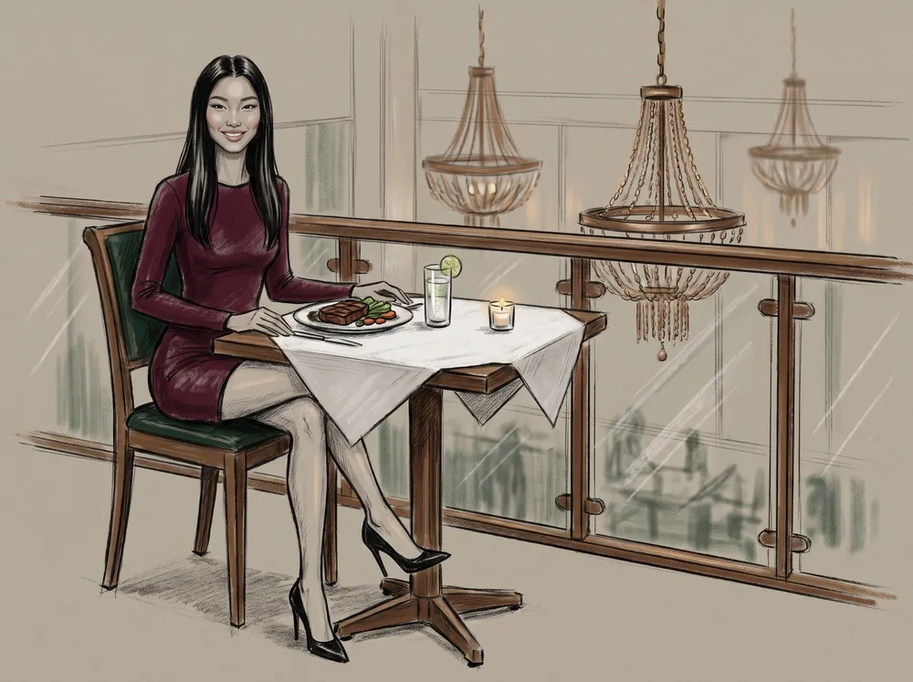 Dessin généré de la même hôtesse attablée en mezzanine devant une assiette de steak et un verre d'eau pétillante, des lustres de chaînes derrière la balustrade de verre.